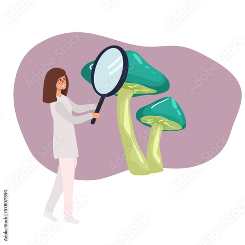 Food laboratory icon vector. mushroom feMale scientific chemist and champignon. Food quality control