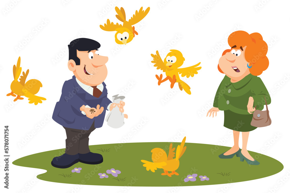 Man and woman feeds birds in city park. Illustration for internet and mobile website. Man and woman feeds birds in city park. Illustration for internet and mobile website.