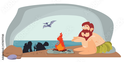 Ancient man in a cave. Illustration for internet and mobile website.