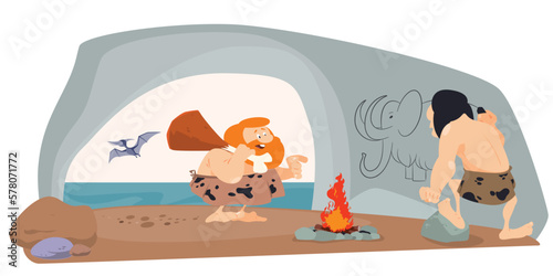 Ancient man in a cave. Illustration for internet and mobile website.