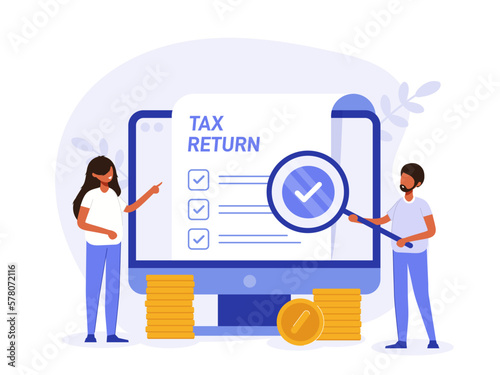 Tax return illustration concept. People issue tax refund against the background of monitor screen with document, stack of money. Tax form creative flat vector.