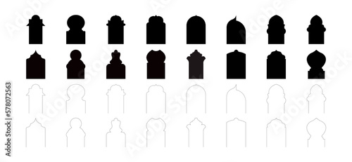 set of Islamic style border door   window shape frame for linear art illustrator vector. 