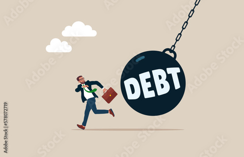 Businessman running away from huge pendulum with message "debt", financial crisis in tax. Modern vector illustration in flat style