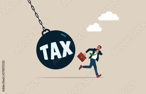 Businessman running away from huge pendulum with message "tax", financial crisis. Modern vector illustration in flat style