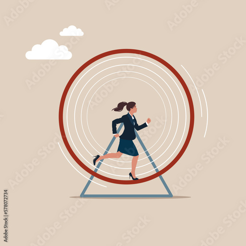 Businesswoman running in a hamster wheel. Modern vector illustration in flat style. 