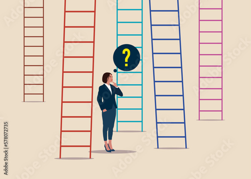 Businesswoman choices ladder to success. Modern vector illustration in flat style