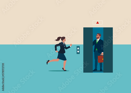 Businesswoman running to elevator and elevator is closing. Modern vector illustration in flat style