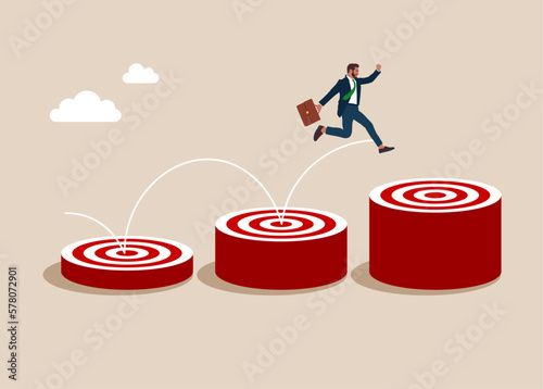 Businessman jumping from small target to the big target. Modern vector illustration in flat style. 