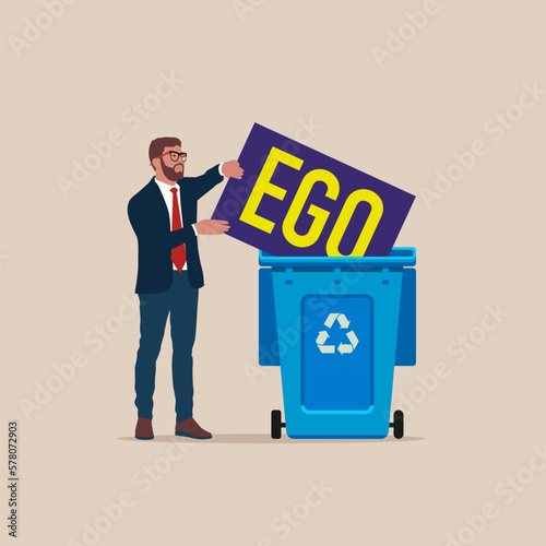 Businessman throw his ego into the trash.  Modern vector illustration in flat style