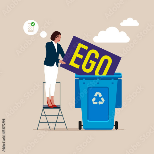 Businessman throw his ego into the trash.  Modern vector illustration in flat style