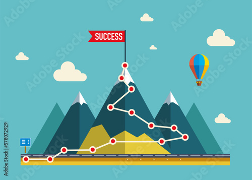 Landscape with flag on the top of mountain. Business goal success concept infographic. Modern vector illustration in flat style