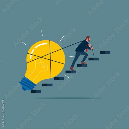 Businessman pulling lightbulb up stair case. Modern vector illustration in flat style