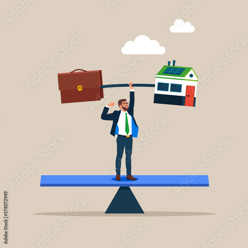 Businessman walking on a balance with work and life balance. Balancing work and life concept. Modern vector illustration in flat style