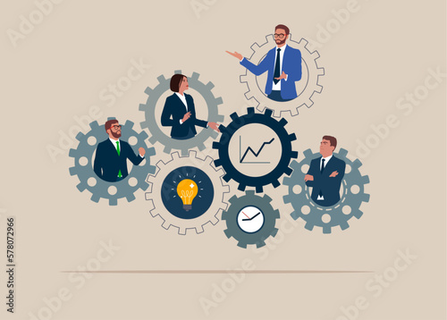 Business team with cog gear production. Optimize cost and expense for better profit strategy. Modern vector illustration in flat style.