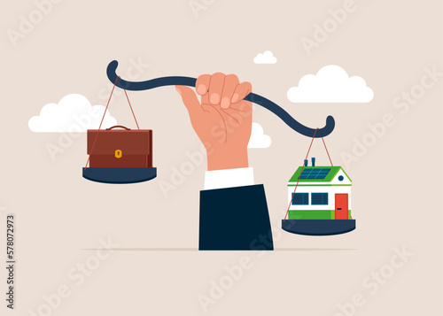 Businessman chooses between with work and life balance. Balancing work and life. Modern vector illustration in flat style