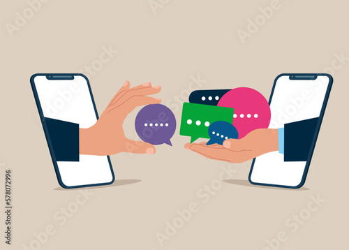 Businessman hand giving feedback speech bubble. Communication or discussion, employee survey or customer suggestion. Modern vector illustration in flat style