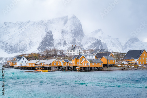 View of a scandinavian village near a fjord in Norway (ID: 578073326)