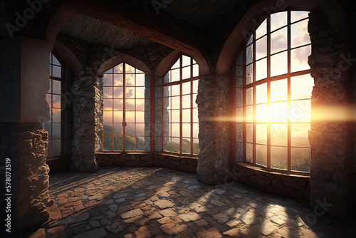 old stone wall room with sunset light coming through the window  Generative AI