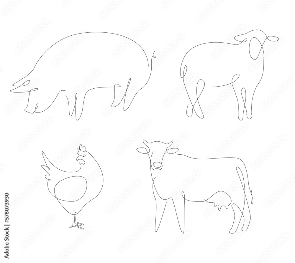 Household animals one line vector. Pets linear. Pig and chicken line art. Household animals one line vector. Pets linear. Pig and chicken line art.