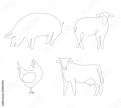 Household animals one line vector. Pets linear. Pig and chicken line art.
