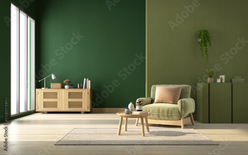 Green living room interior with armchair and green wall background.3d rendering