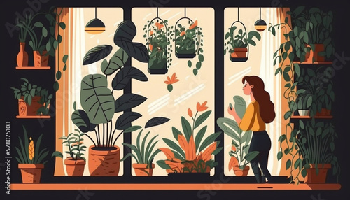 Window with plants. Cartoon woman watering houseplants. Female grows flowers on windowsill. Girl takes care of potted ficus. Home garden in city. Interior decorations.