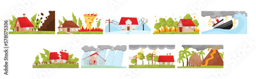 Natural Disaster and Catastrophe with House Damage Vector Set