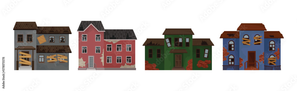 Old Weathered Houses and Dwellings as Abandoned Building in Bad Condition Vector Set