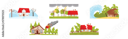 Natural Disaster and Catastrophe with House Damage Vector Set