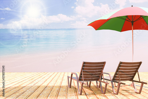 Beach rest chairs on the seashore with umbrella. Spring time. 3d rendering.