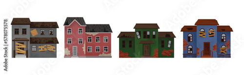 Old Weathered Houses and Dwellings as Abandoned Building in Bad Condition Vector Set © Happypictures