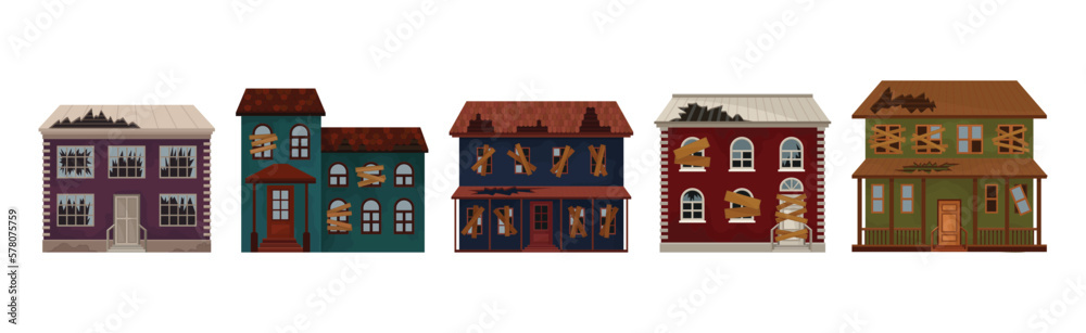 Old Weathered Houses and Dwellings as Abandoned Building in Bad Condition Vector Set Old Weathered Houses and Dwellings as Abandoned Building in Bad Condition Vector Set