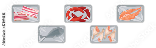 Meat Trays Keeping Food Frozen in Polyethylene Whole Package Vector Set