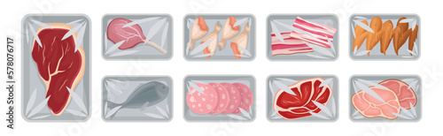 Meat Trays Keeping Food Frozen in Polyethylene Whole Package Vector Set