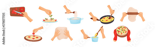 Hands Preparing Food Process of Cooking Vector Set