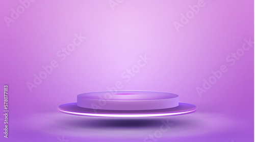 Realistic 3d cylinder pedestal podium on pastel pink background. Abstract geometric violet platform with neon line lamp.