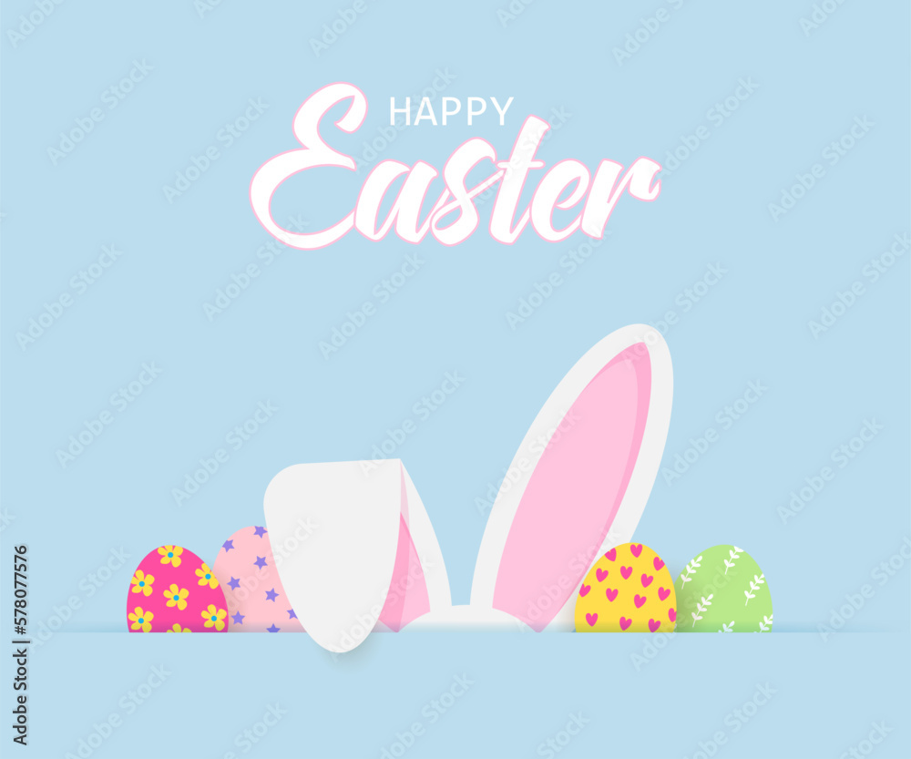 Easter greeting card with bunny ears and colorful eggs on a blue background. Easter greeting cardVector . Easter rabbit with lettering Happy Easter on blue background.