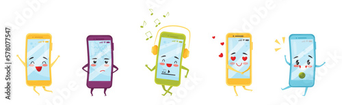 Cute Happy Smartphone Character Engaged in Different Activity Vector Set