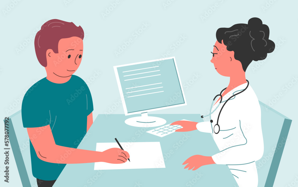 Man patient and doctor woman. Desk and computer. Medical diagnostics and treatment. Visit clinic, consultation of a medical specialist. Health care. Cartoon vector illustration Man patient and doctor woman. Desk and computer. Medical diagnostics and treatment. Visit clinic, consultation of a medical specialist. Health care. Cartoon vector illustration