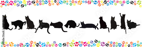 Border with black cats and colorful paws