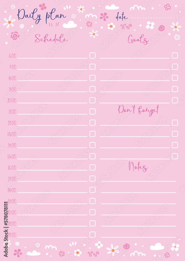 Vector illustration of page for daily plan with spring pattern on pink background. Cute planner for women or girls