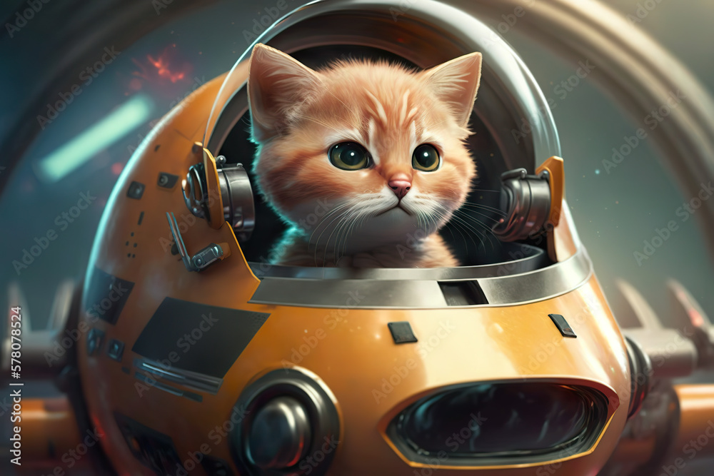 Cute, clever kitten driving a spaceship in the future (generative AI)