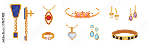 Jewellery or Jewelry Item as Personal Adornment with Earrings and Pendant Ornament Vector Set