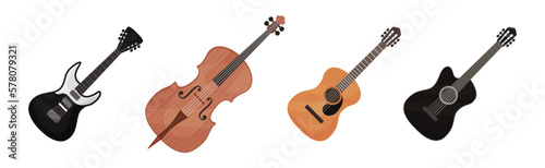 Musical Instrument with Stringed Guitar and Cello Vector Set