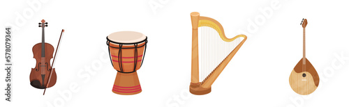 Musical Instrument with Stringed Violin, Drum, Harp and Balalaika Vector Set