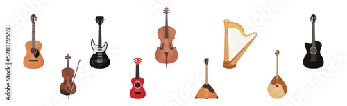 Musical Instrument with Stringed Guitar  Violin  Harp and Balalaika Vector Set