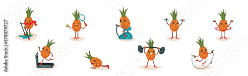 Cute Pineapple Doing Sport and Physical Activity Vector Set