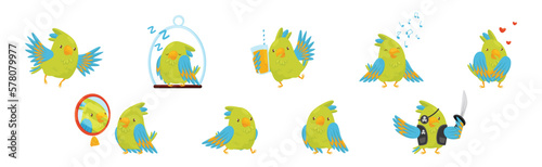 Funny Parrot with Green Feathers in Different Activities Vector Set