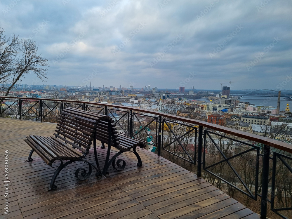 Empty wooden benches in the observation place