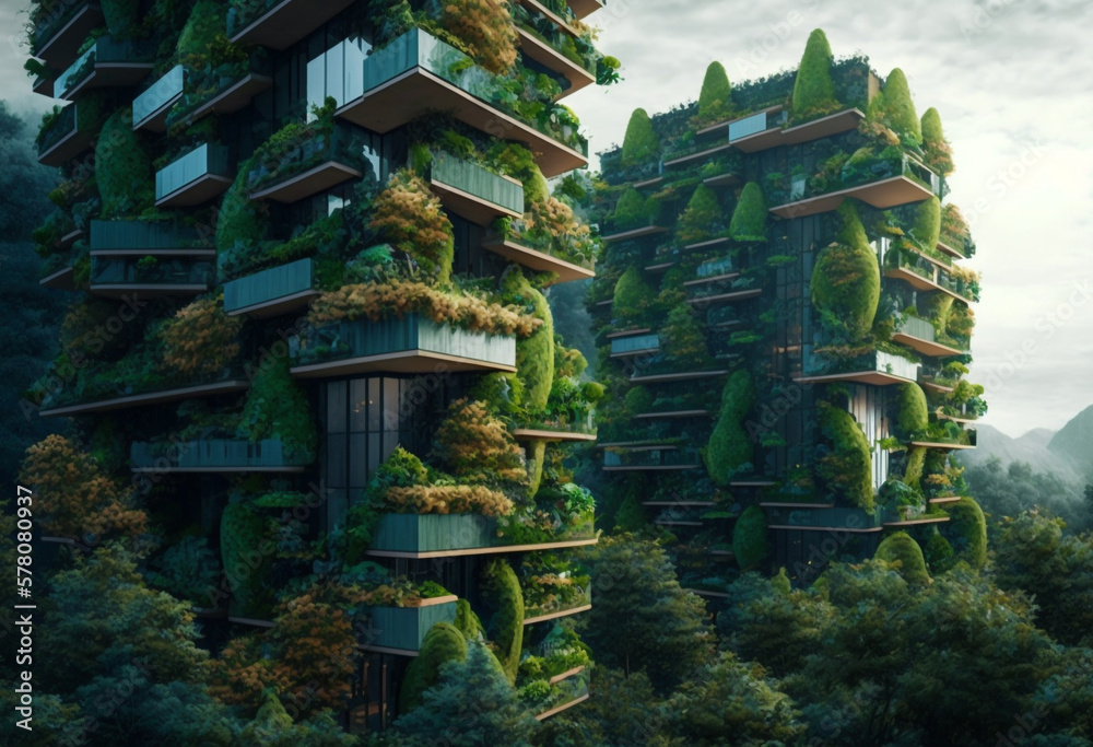 A Splendid Eco-Friendly Urban Landscape: AI-Generated Render of a Renewable, Natural Cityscape